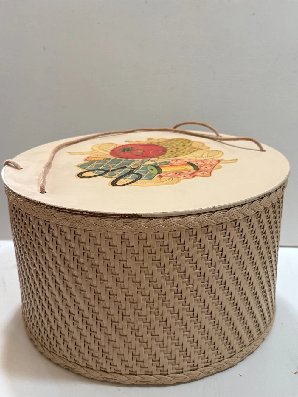 Vintage 1950’s Handcrafted Woven Sewing Basket with Cream Lid and Motif